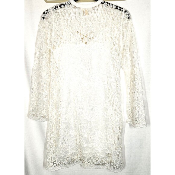 Michael Kors White Long Sleeve Lace Dress Gold Chain Detail Size Medium - Picture 7 of 11